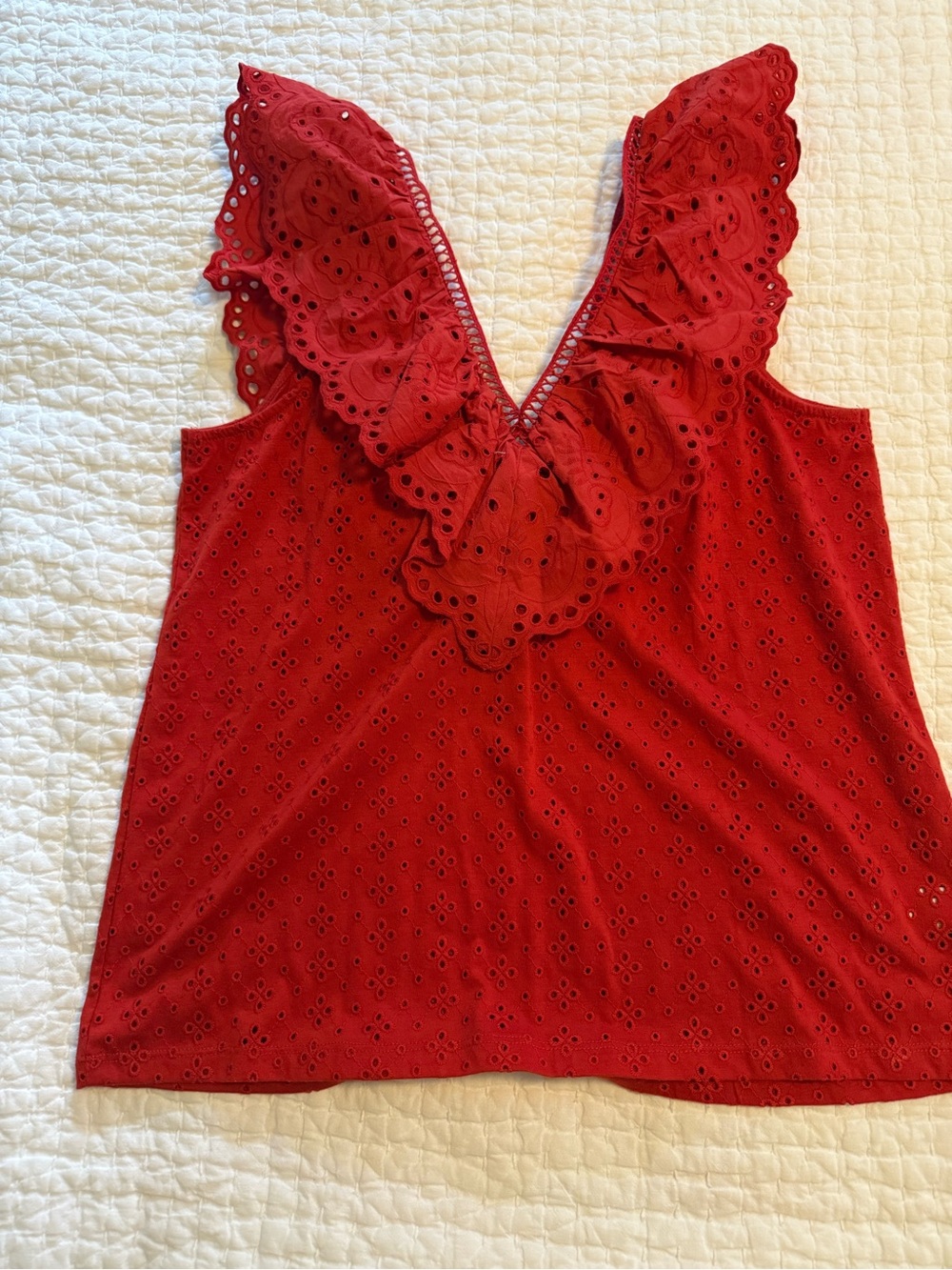 LOFT Red Eyelet Ruffle V-Neck Tank - Picture 4 of 4
